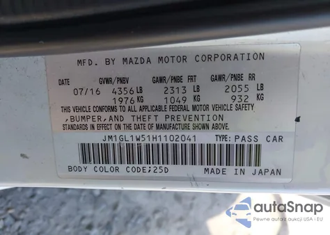 2017 Mazda Mazda6 Grand Touring z USA, uszkodzony, nr VIN JM1GL1W51H1102041